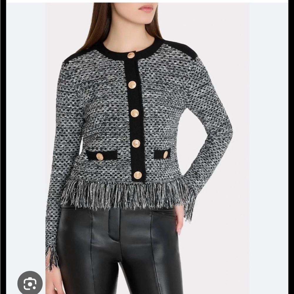 Milly Kaia Black and White Tweed sweater Jacket with Gold Buttons